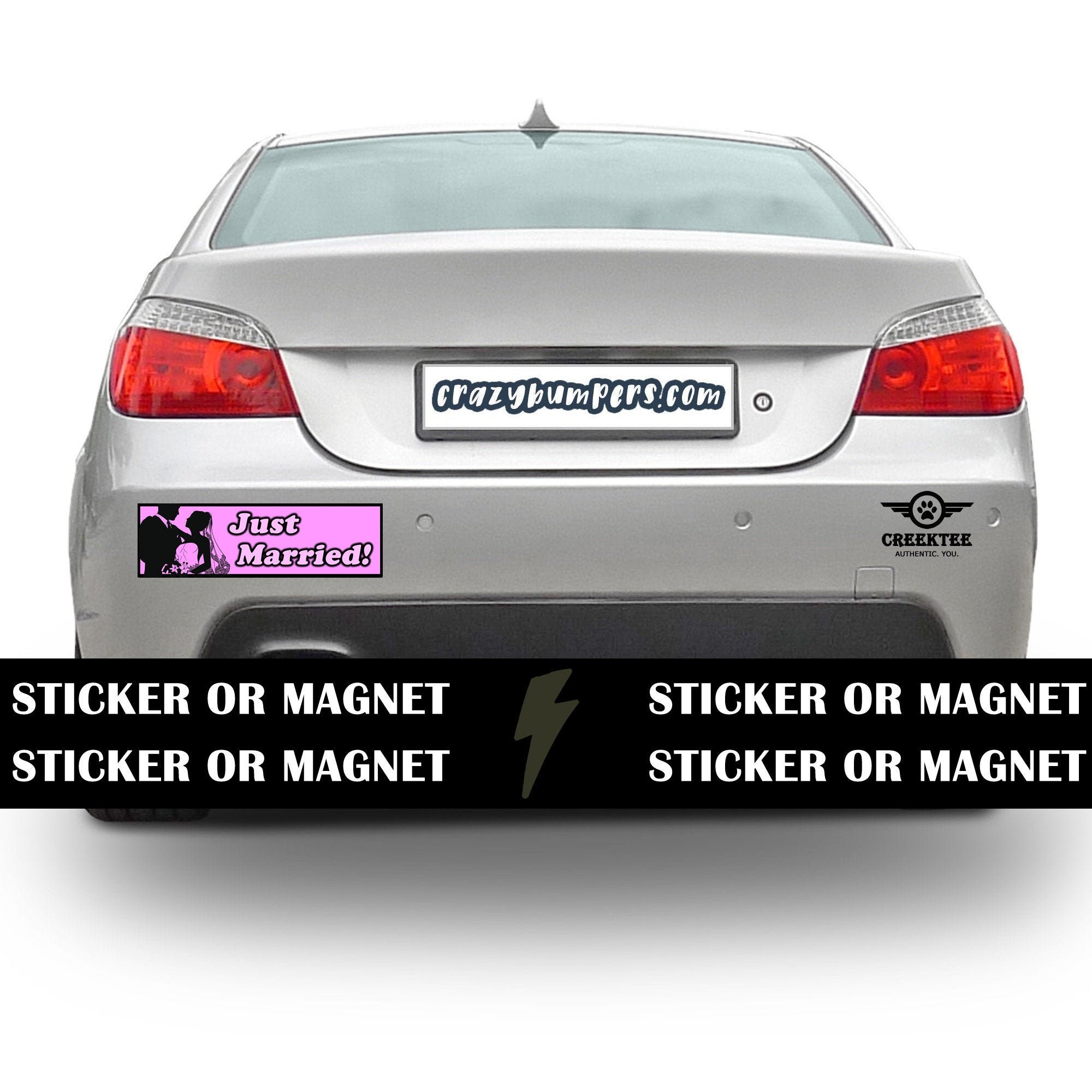 Just Married Bumper Sticker 10 x 3 Bumper Sticker or Magnetic Bumper Sticker Available - Custom changes and orders welcomed! Just Married Bumper Sticker 10 x 3 Bumper Sticker or Magnetic Bumper Sticker Available - Custom changes and orders welcomed!