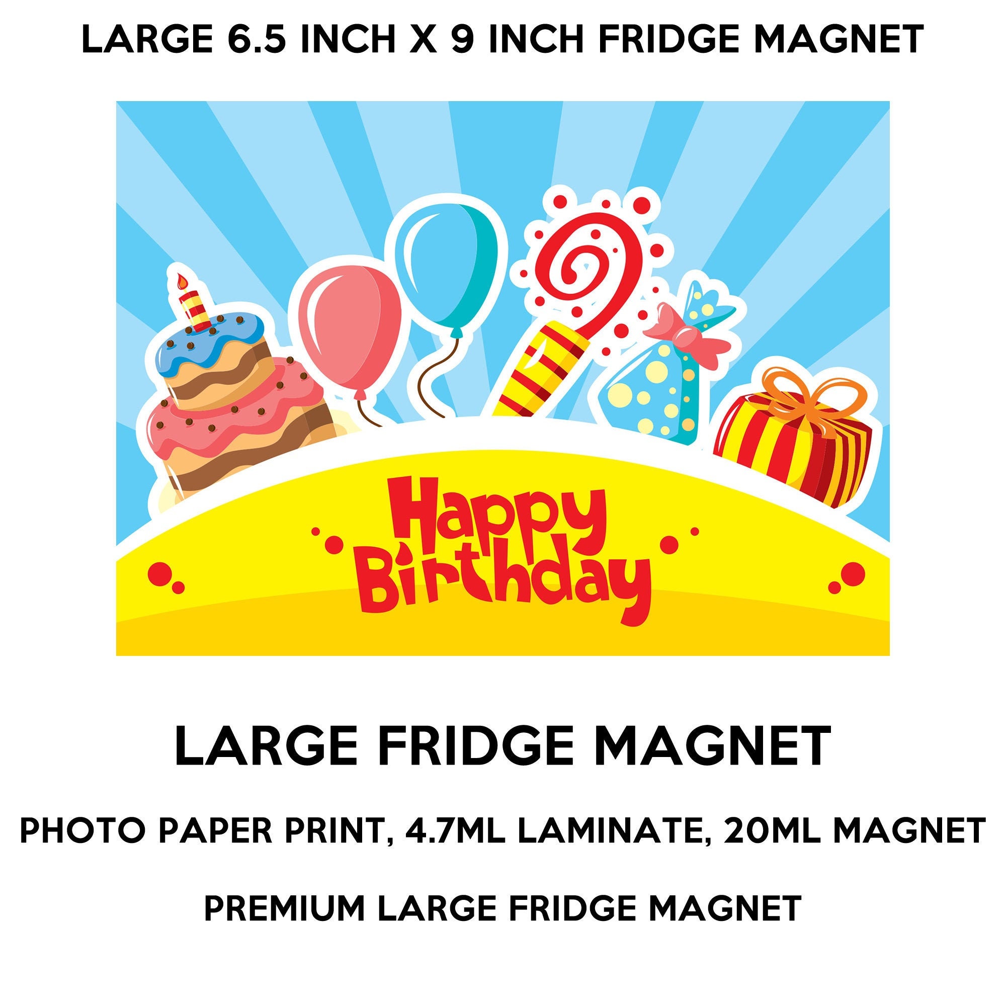 Happy Birthday fridge magnet, large 6 1/2 x 9 inch premium fridge magnet that stands out. Happy Birthday fridge magnet, large 6 1/2 x 9 inch premium fridge magnet that stands out.