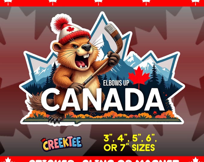 Elbows Up Canada Angry Beaver Bumper Sticker, Magnet, Vinyl Sticker, Window Cling, UV Laminate, laptop, water bottle