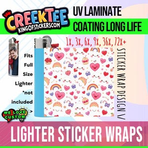 Kawaii Design 3x Lighter Sticker Wraps, OR your photo, text, or images,  bundles available, with laminate coating. 3x, 6x, 9x, 18x, 36+