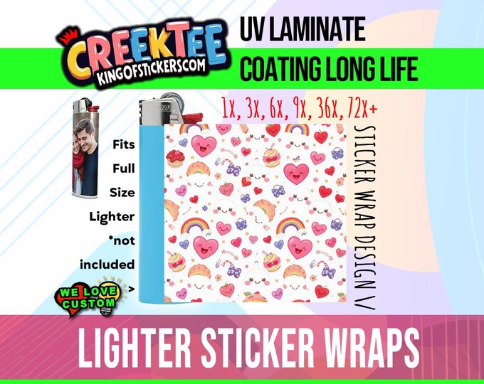 Kawaii Design 3x Lighter Sticker Wraps, OR your photo, text, or images,  bundles available, with laminate coating. 3x, 6x, 9x, 18x, 36+