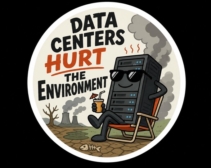 Data centers hurt the environment Round Bumper Sticker, Magnet, Vinyl Sticker or Window Cling, UV Laminate Coating, laptop, water bottle
