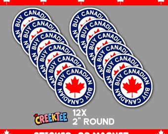 12x Pack, Buy Canadian 2 inch Round Bumper Sticker, Magnet, Vinyl Sticker or Magnet in UV Laminate Coating, 2 inches round each