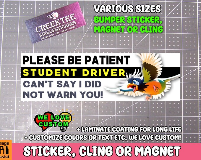 Please Be Patient Student Driver Bumper Sticker, Magnet or Window Cling in Various Sizes Choose 10" for Standard Size