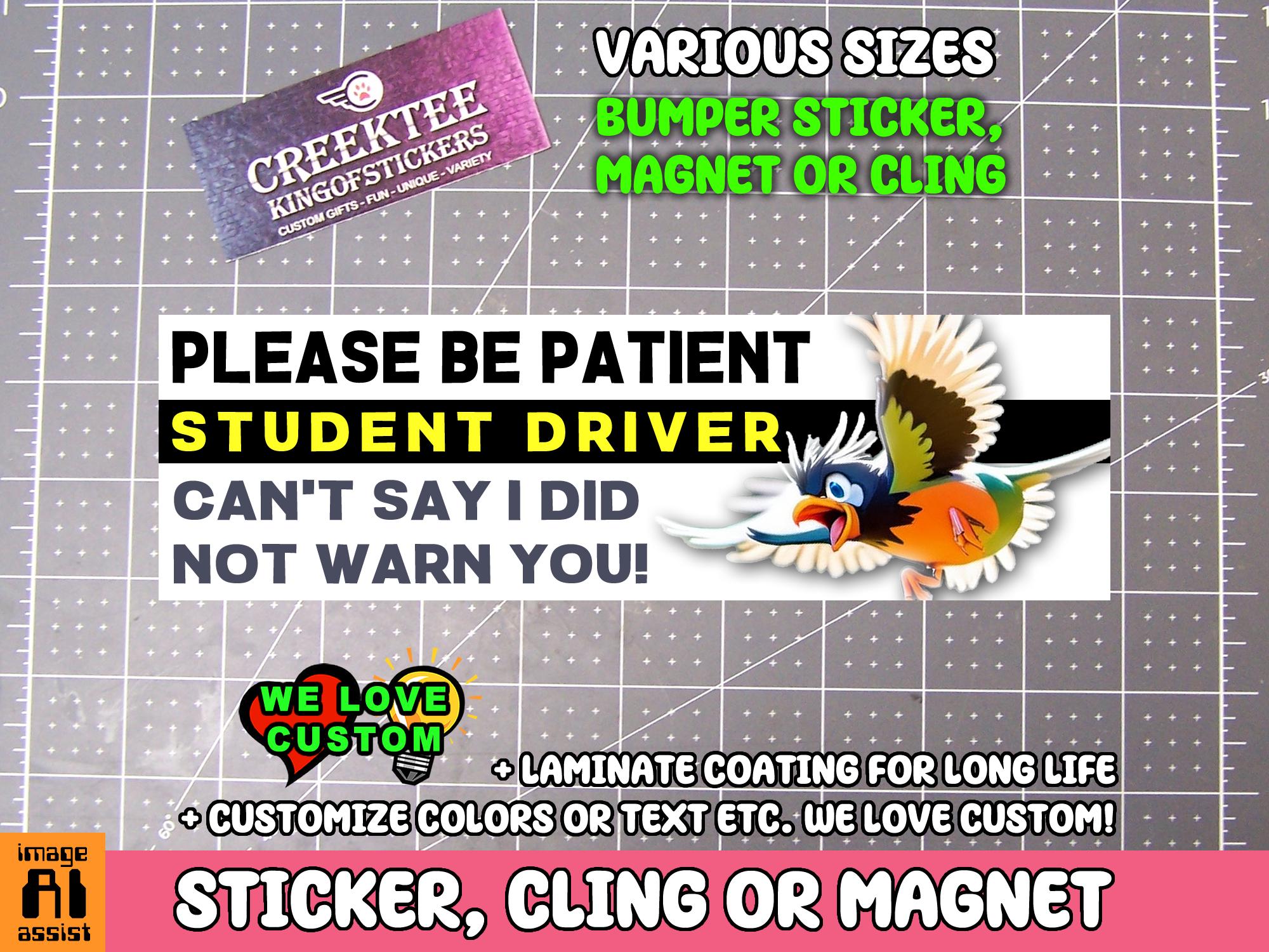 Please Be Patient Student Driver Bumper Sticker, Magnet or Window Cling in Various Sizes Choose 10