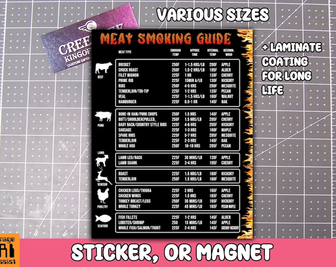 Meat Smoking Guide Magnet or Sticker in Laminate Coating, Various Heights...