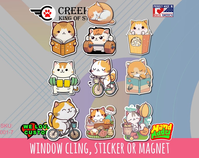 10 Cute Cat Kawaii Stickers  vinyl stickers, magnets or window clings various sizes up to 2 inches