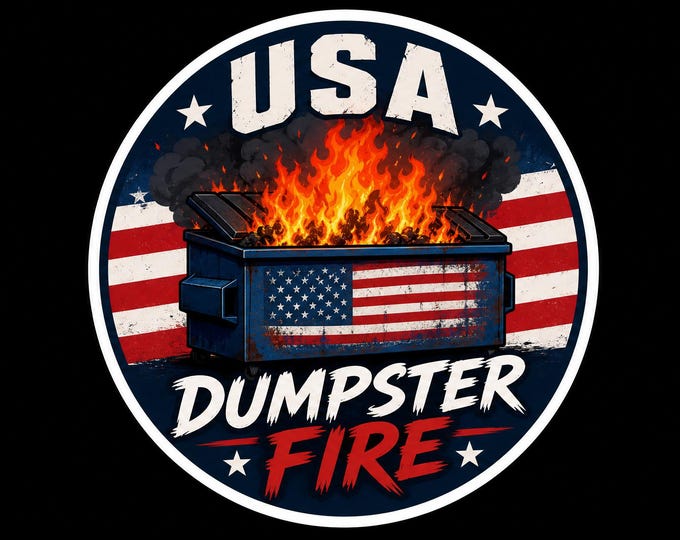 USA Dumpster Fire Round Bumper Sticker, Magnet, Vinyl Sticker or Window Cling, UV Laminate Coating, laptop, water bottle