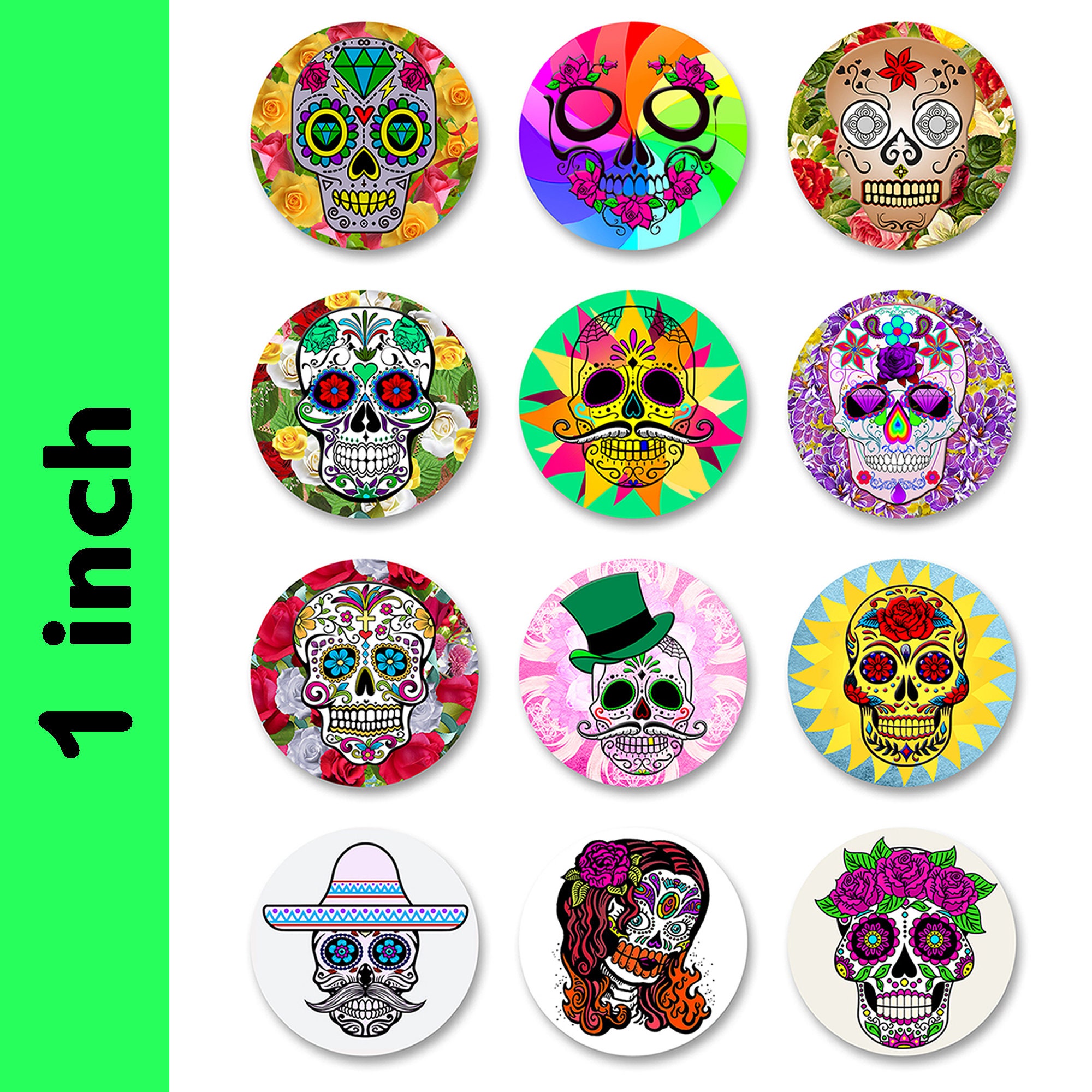 Fun Skulls Stickers 1 INCH Round Sticker Sheets - 12 Stickers per Sheet Order Fun Skulls Stickers 1 INCH Round Sticker Sheets - 12 Stickers per Sheet Order