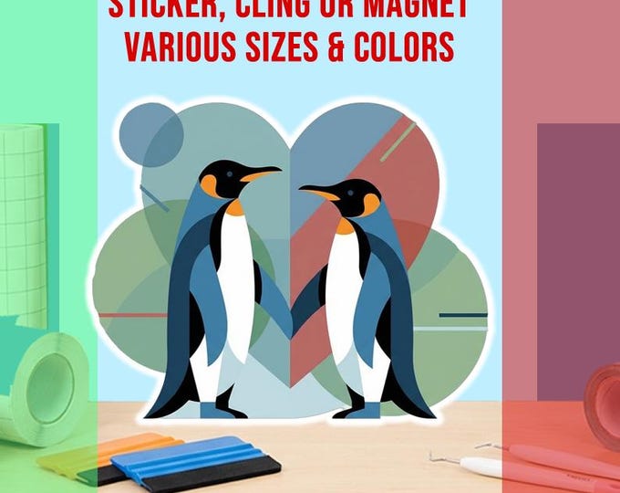 Penguins in Love Die-Cut Vinyl Sticker, Magnet or Window Cling in Various Sizes, UV Laminate Coating