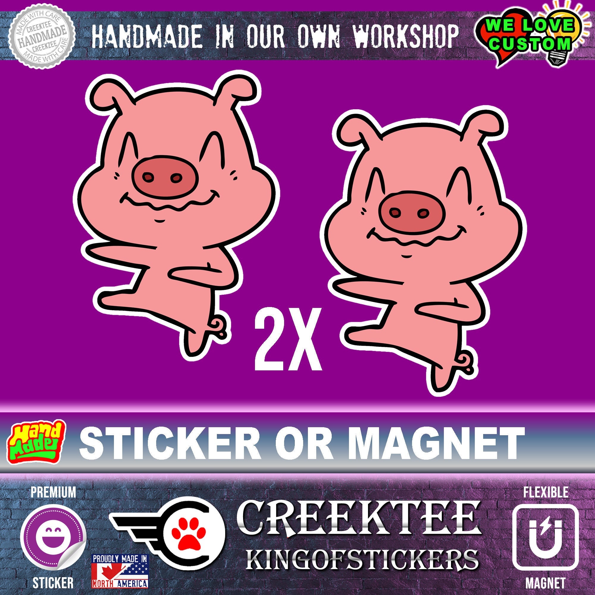 2x smiling pigs Funny Vinyl Sticker or Magnet, Vinyl Sticker, Laminate, UV Laminate and Magnet options up to 9