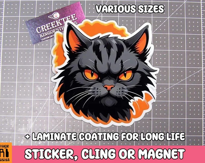Angry Cat Vinyl Sticker, Window Cling or Magnet in UV Laminate Coating