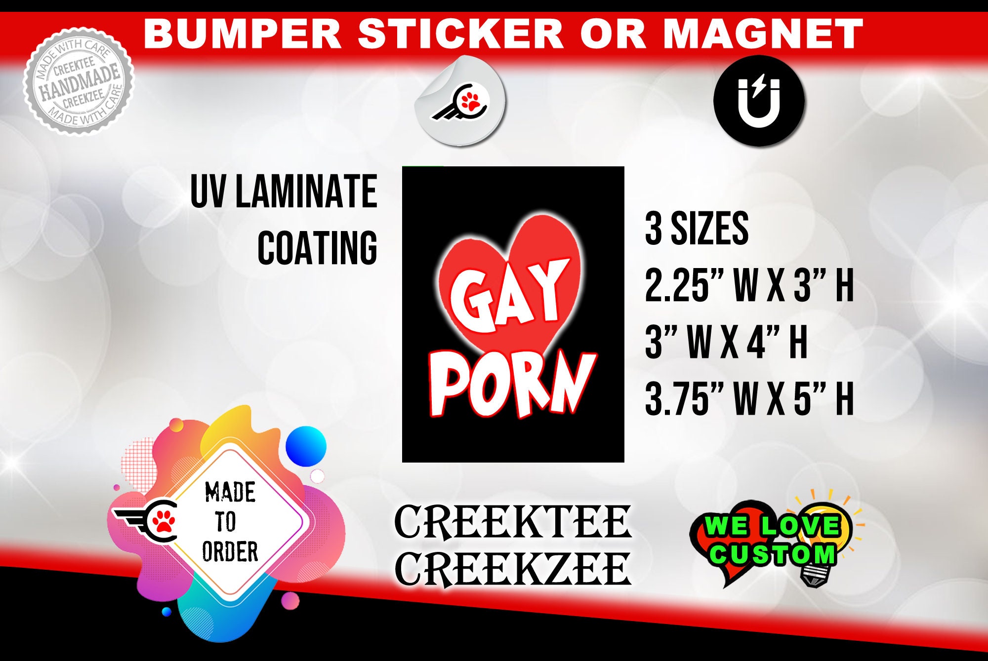 I Love Gay Porn in 3 sizes portrait style - Vinyl Sticker or Magnet coated in UV Laminate or optional 20mil magnet.