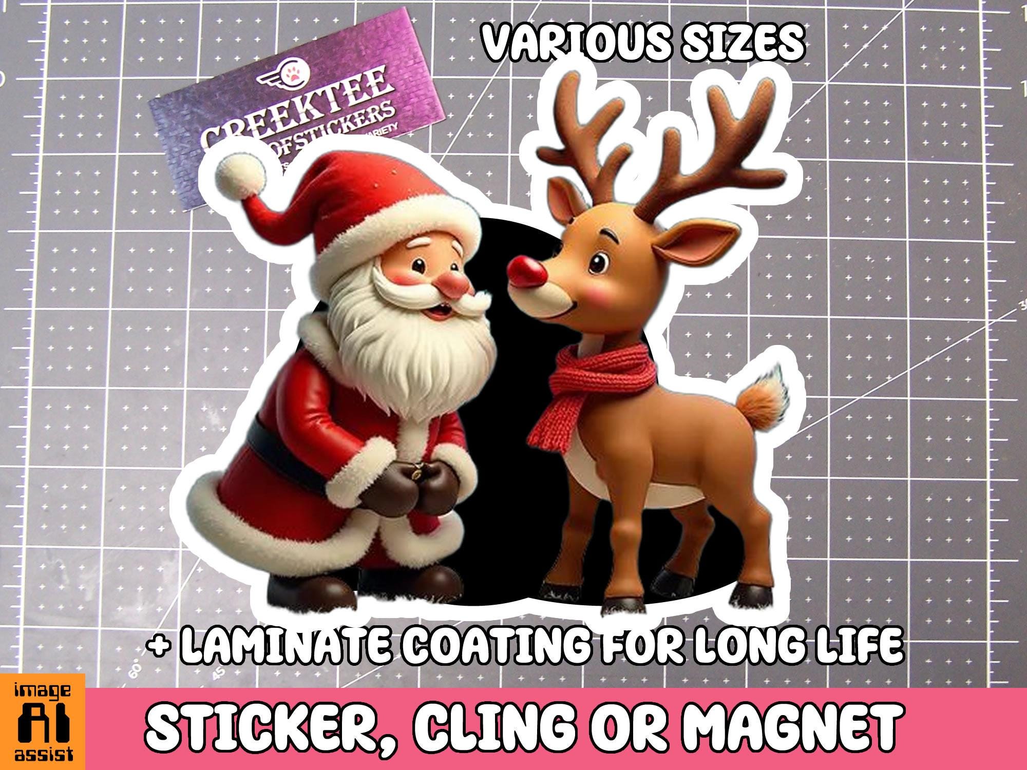 Santa Claus and Rudolph Vinyl Sticker, Magnet or Cling in Various Sizes, skull drawing, laptop sticker