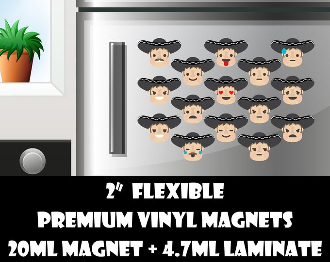 15 2inch merachi emoji fridge magnets or stickers standard, photo or vinyl print materials with laminate or magnet options available.