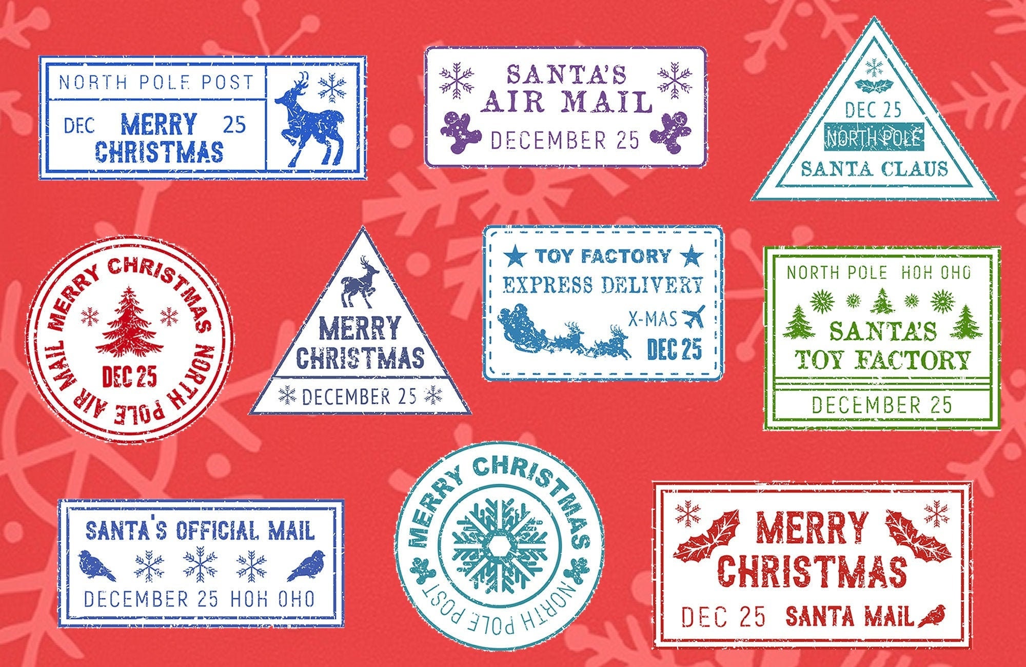 VALUE - 10 Fun Christmas North Pole Mail Stamp Stickers AND 11 Square Christmas Stamps for Santa Claus gifts and Christmas Cards VALUE - 10 Fun Christmas North Pole Mail Stamp Stickers AND 11 Square Christmas Stamps for Santa Claus gifts and Christmas Cards