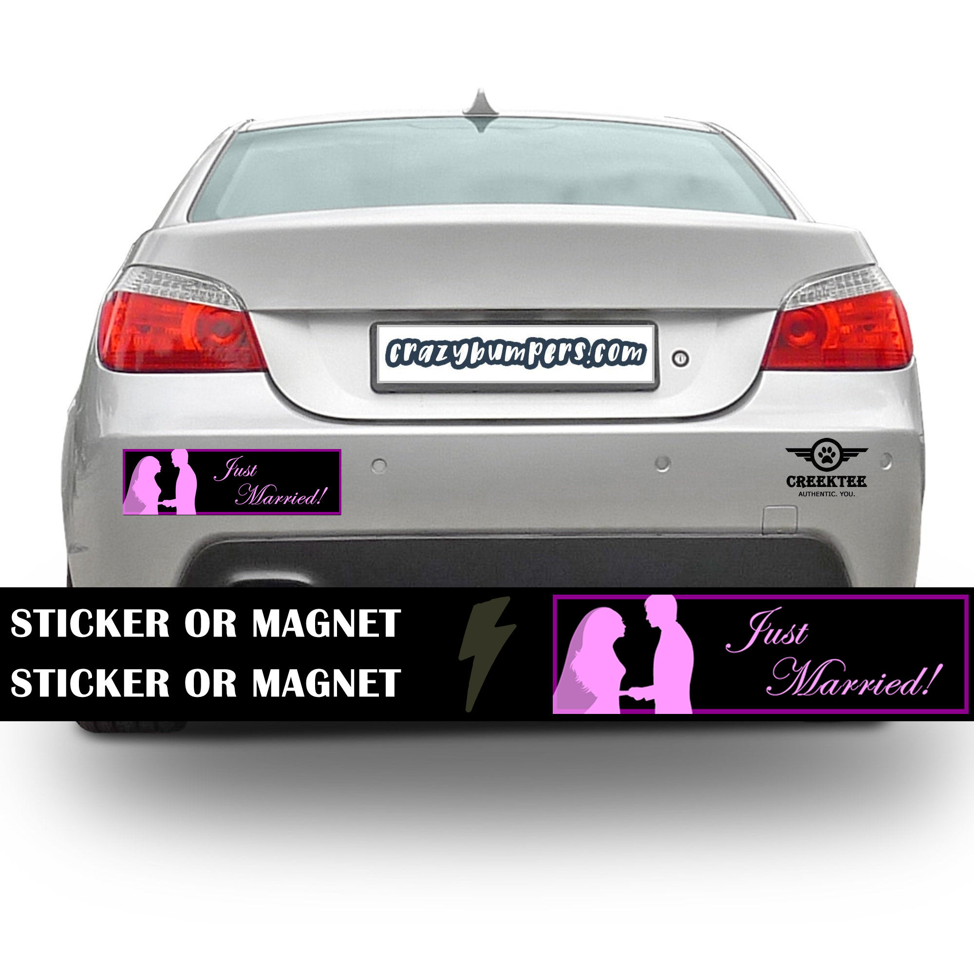 Just Married Bumper Sticker 10 x 3 Bumper Sticker or Magnetic Bumper Sticker Available - Custom changes and orders welcomed! Just Married Bumper Sticker 10 x 3 Bumper Sticker or Magnetic Bumper Sticker Available - Custom changes and orders welcomed!