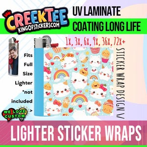 Kawaii Design 3x Lighter Sticker Wraps, OR your photo, text, or images,  bundles available, with laminate coating. 3x, 6x, 9x, 18x, 36+