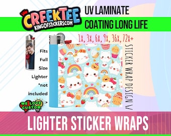 Kawaii Design 3x Lighter Sticker Wraps, OR your photo, text, or images,  bundles available, with laminate coating. 3x, 6x, 9x, 18x, 36+