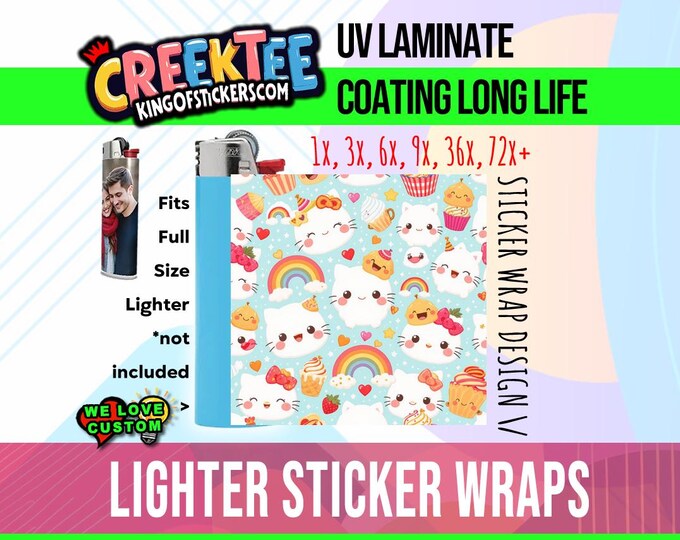 Kawaii Design 3x Lighter Sticker Wraps, OR your photo, text, or images,  bundles available, with laminate coating. 3x, 6x, 9x, 18x, 36+