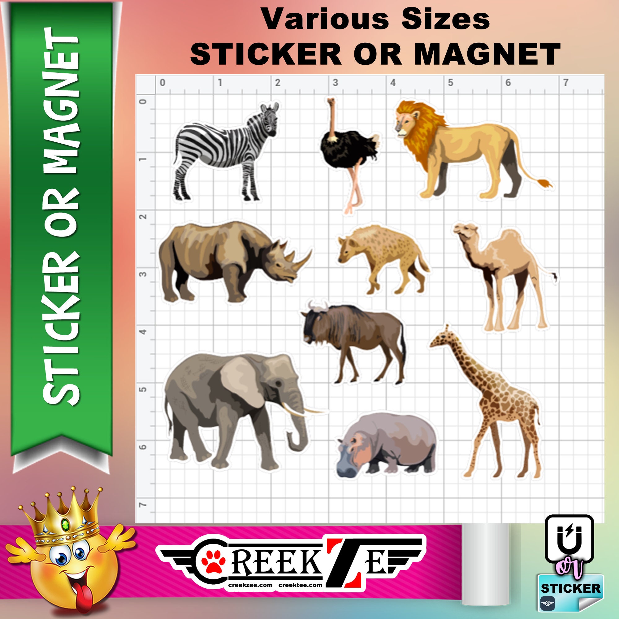 10 Wild Animals stickers in standard, photo or vinyl print materials with laminate or magnet options available. Premium. 10 Wild Animals stickers in standard, photo or vinyl print materials with laminate or magnet options available. Premium.
