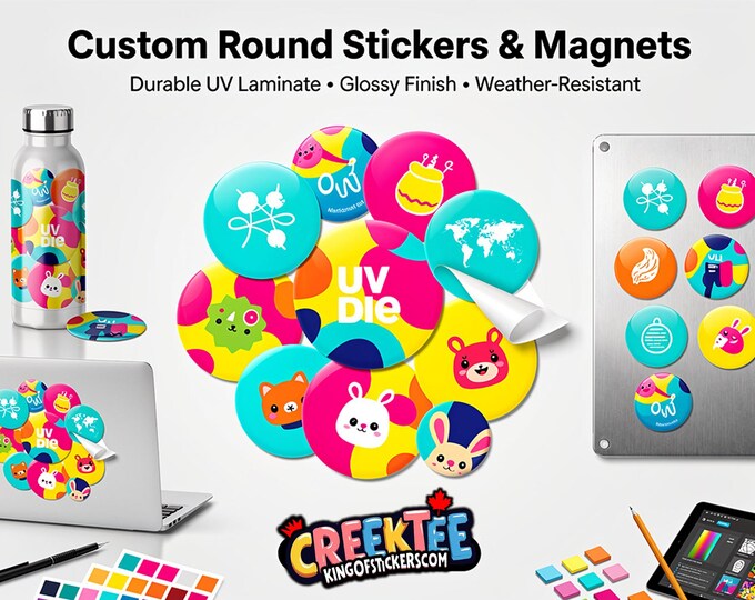 12x Custom Round Stickers or Magnets in 3 inch , Vinyl with UV Laminate Coating