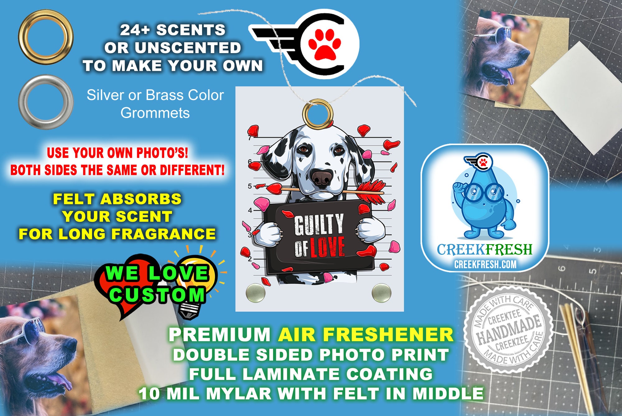 Funny Dog Love Premium Air Freshener Color Photo Print with Felt middle for fragrance absorption -Scented or un-Scented - Double Sd.