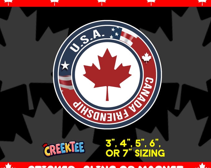 Canada USA Friendship Round Bumper Sticker, Magnet, Vinyl Sticker or Window Cling, UV Laminate Coating, laptop, water bottle