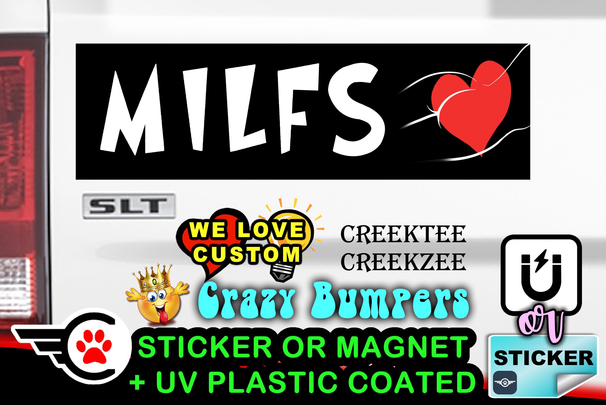 I Love Milfs white on black Bumper Sticker or Magnet in new sizes, 4
