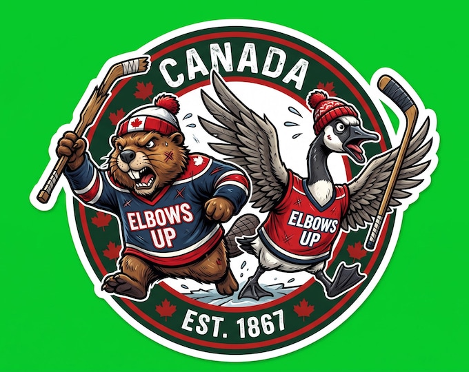 Proudly Canadian Round Elbows Up Bumper Sticker, Magnet, Vinyl Sticker or Window Cling, UV Laminate Coating