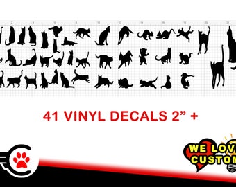 41 Cat Silhouette Vinyl Decals about 2" each Various Sizes and Colors Die Cut Vinyl Decal also in Cool Chrome Colors!