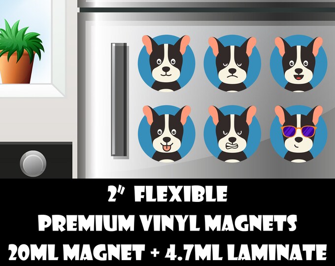 6 2inch dog emoji fridge magnets or stickers standard, photo or vinyl print materials with laminate or magnet