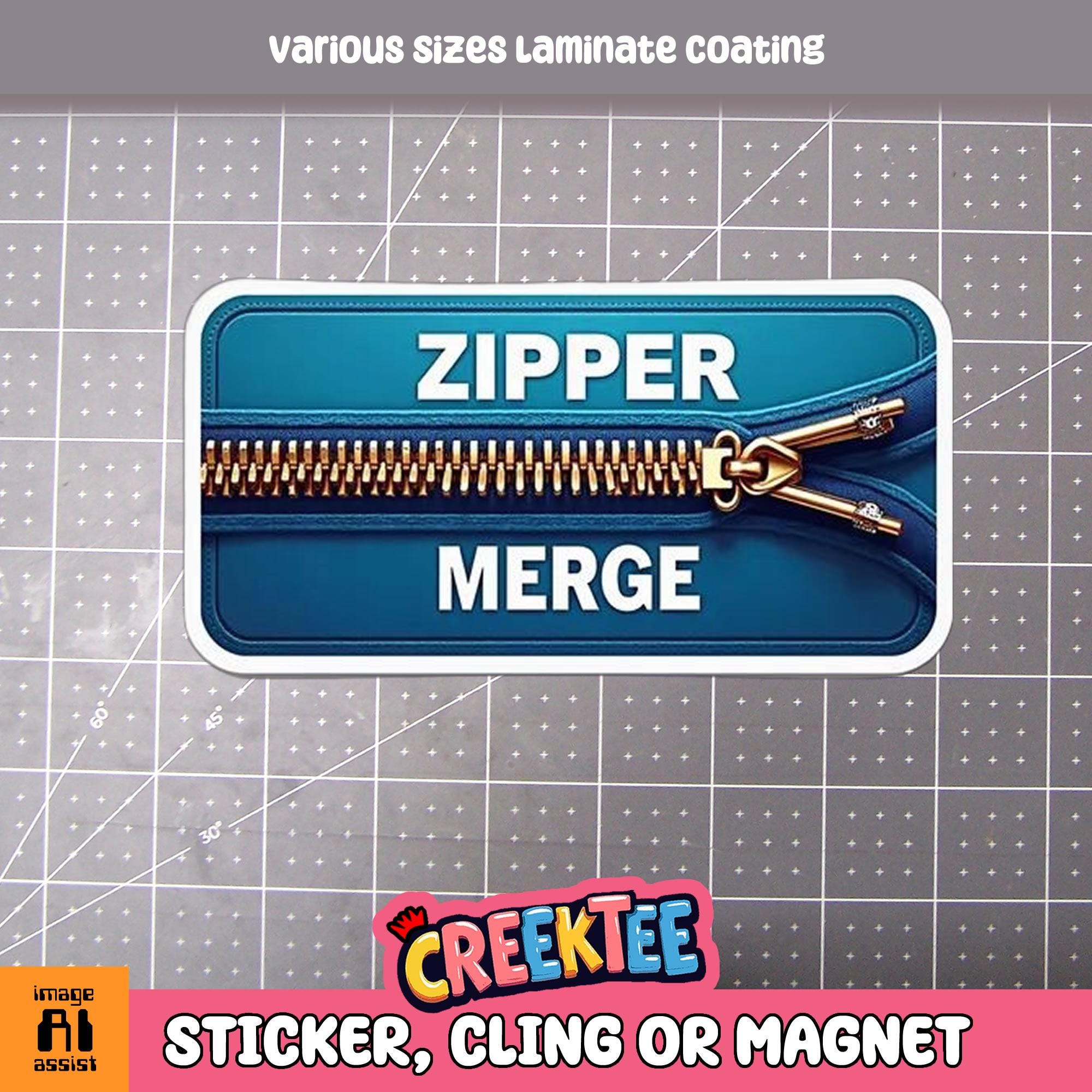 Zipper Merge Vinyl Sticker, Window Cling or Magnet in UV Laminate Coating