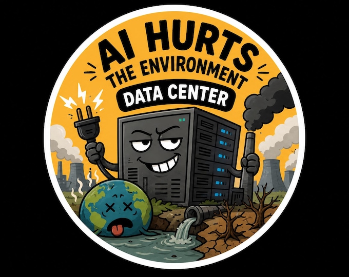 Data centers hurt the environment Round Bumper Sticker, Magnet, Vinyl Sticker or Window Cling, UV Laminate Coating, laptop, water bottle