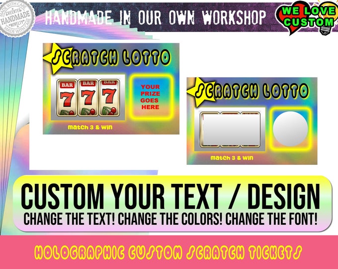 Holographic Custom Text Fun Faux Lottery Ticket Simulation Scratch Tickets 3.75" x 2.5" Laminated, 2, 5, 10, 20 options available.