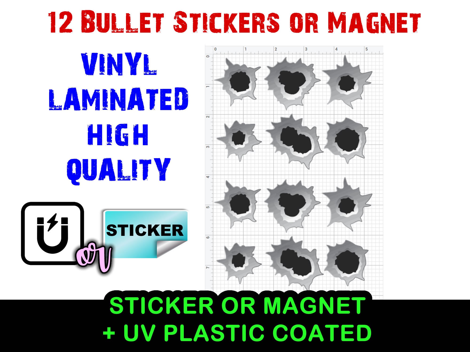 12x Vinyl Einschusslöcher Aufkleber oder Vinyl Magnet Laminierter