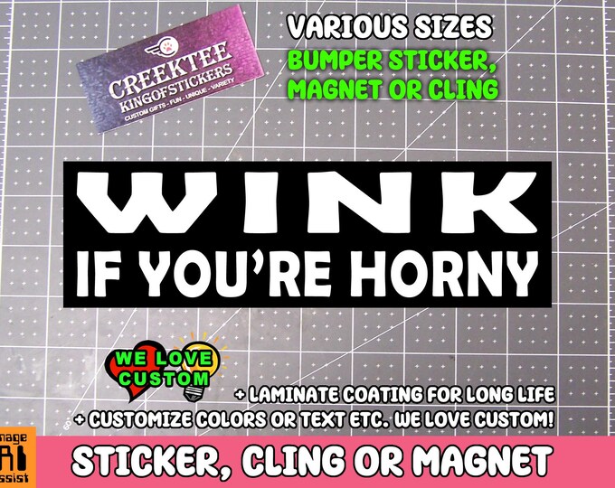 Wink If You're Horny Bumper Sticker, Magnet or Window Cling in Various Sizes Choose 10" for Standard Size