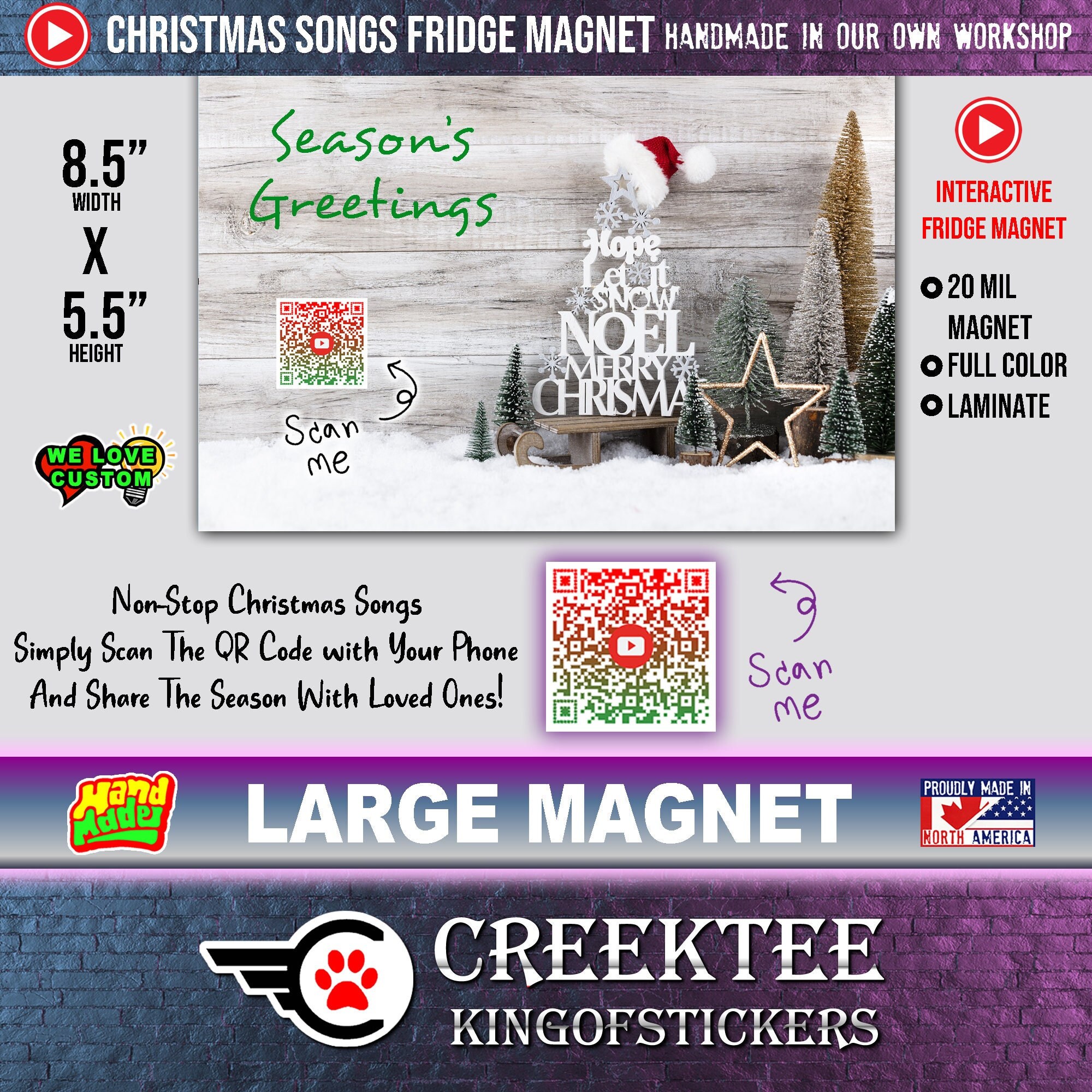 QR Code Audio Christmas Large Magnet Come To Life. 5.5 inch high x 8.5 inch wide 20mil magnet laminated full color print. Customizable