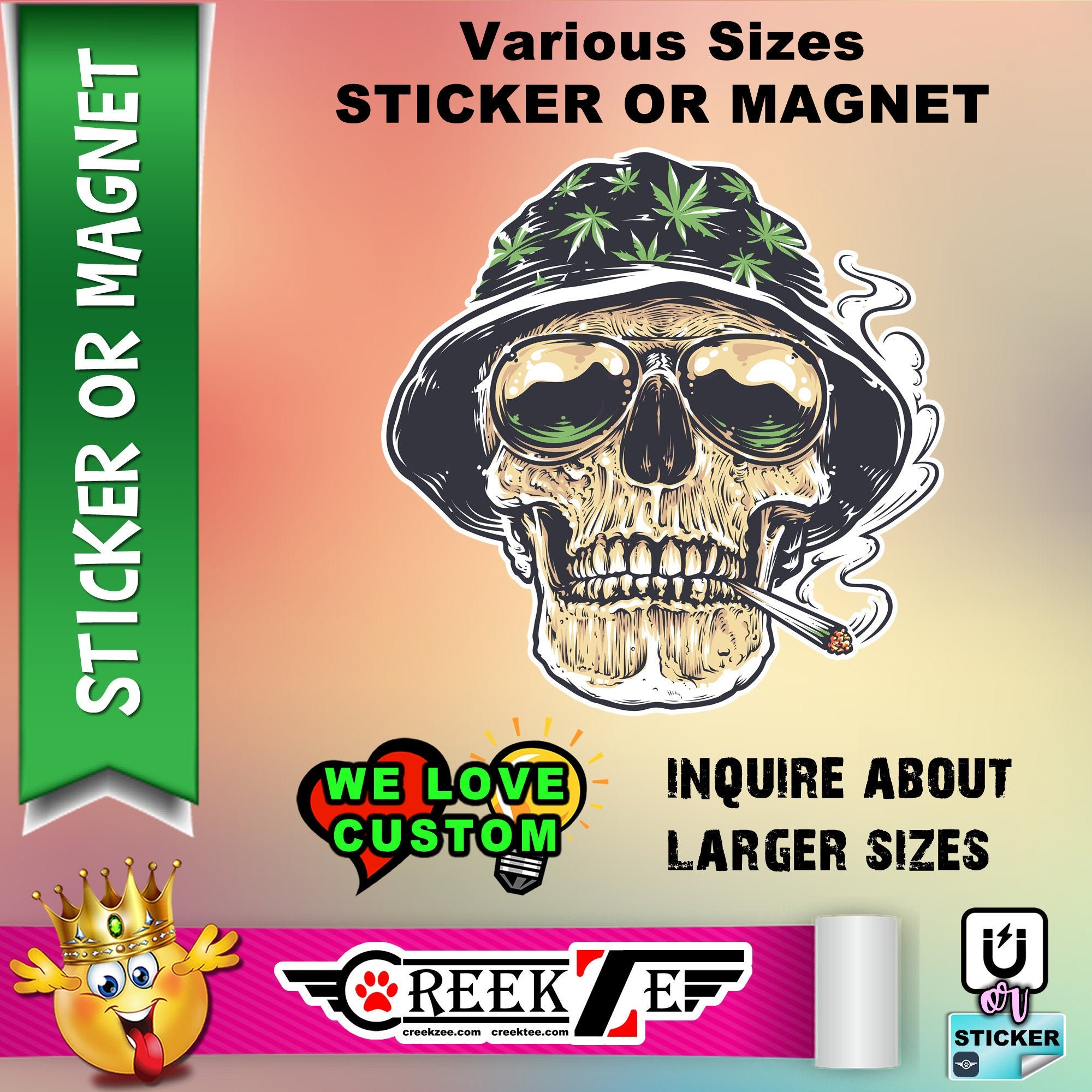 Skull Weed Joint Vinyl Sticker or Magnet, Vinyl Sticker, Laminate, UV Laminate and Magnet options up to 6