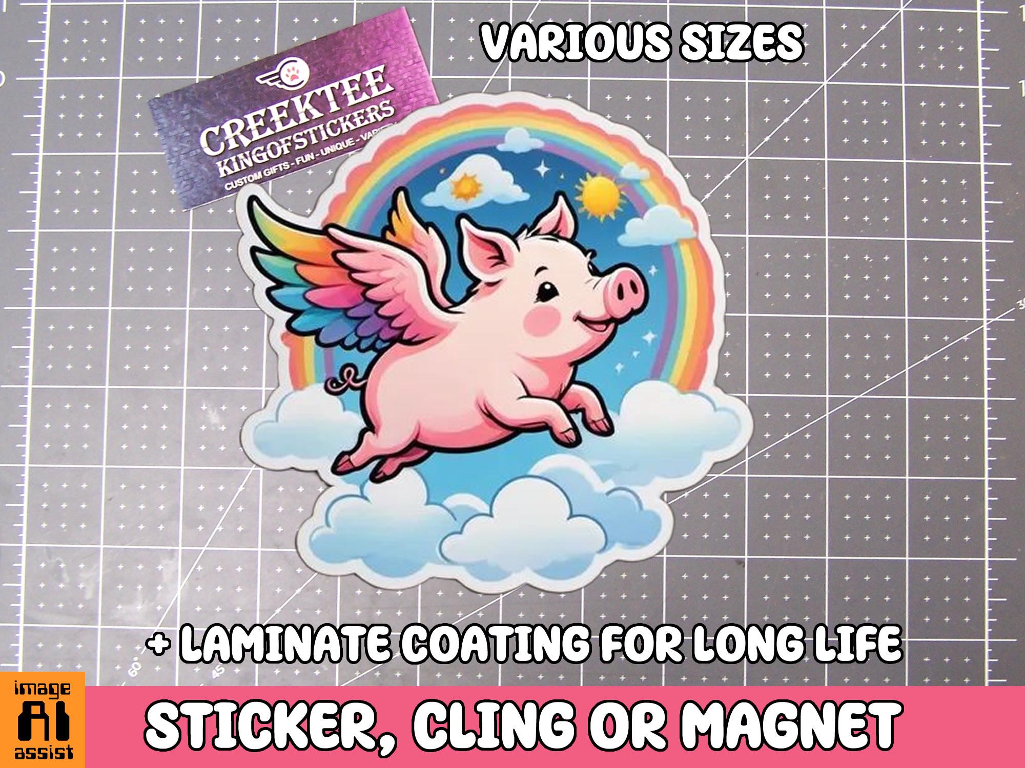 Flying Pig Vinyl Sticker, Window Cling or Magnet in UV Laminate Coating