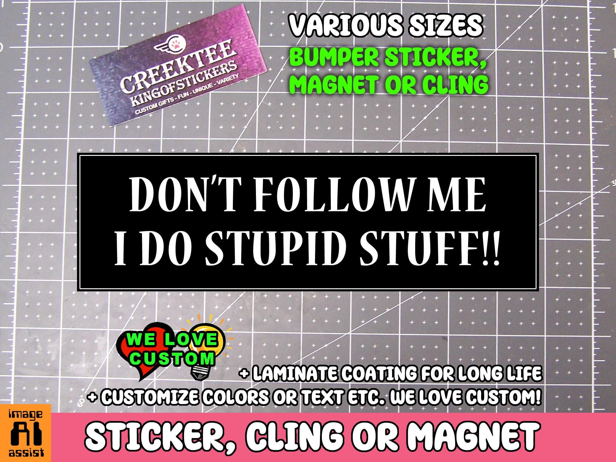 Don't Follow Me I Do Stupid Stuff!! Bumper Sticker, Magnet or Window Cling in Various Sizes Choose 10