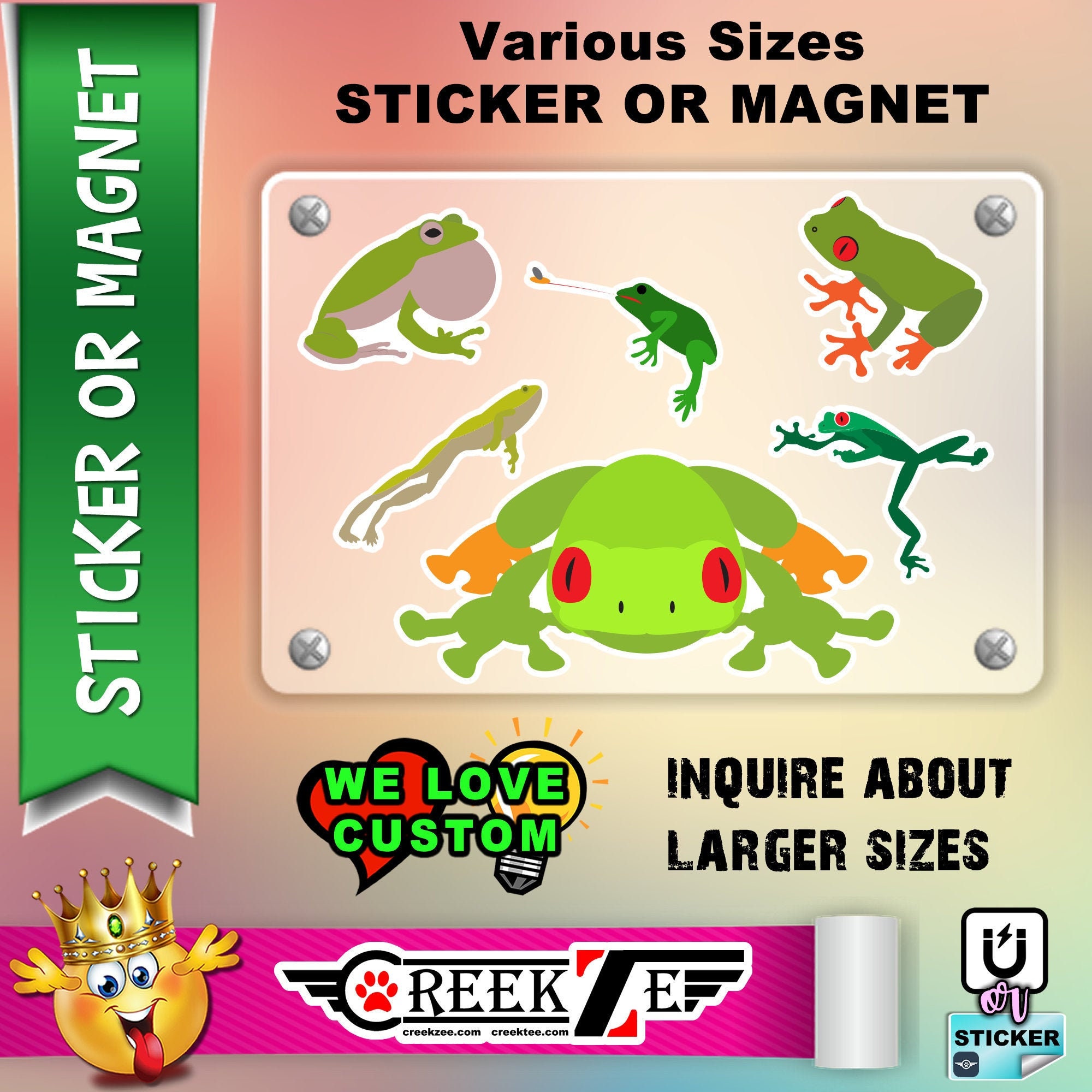 6 Frog stickers in standard, photo or vinyl print materials with laminate or magnet options available.  Premium.