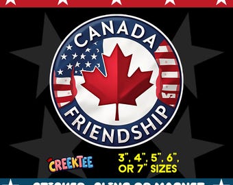 USA Canada Friendship Bumper Sticker, Magnet, Vinyl Sticker or Window Cling, UV Laminate Coating, laptop, water bottle