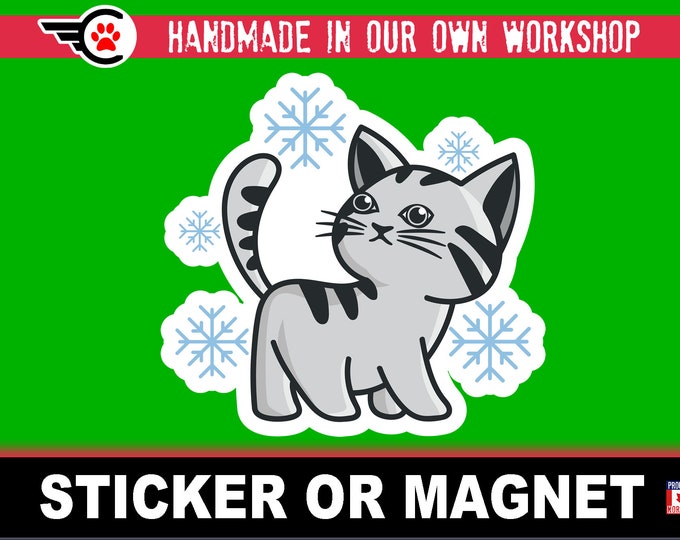 Cute Christmas Cat Die-Cut sticker or magnet in various sizes , 3" to 7" coated with UV Laminate Premium Sticker or Magnet