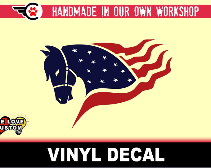 Horse as American Flag Vinyl Decal Various Sizes and Colors Die Cut Vinyl Decal also in Cool Chrome Colors!