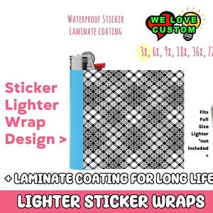 Checkered 3x Lighter Sticker Wraps, OR your photo, text, or images, quantity bundles available, with laminate coating. 3x, 6x, 9x, 18x, 36+