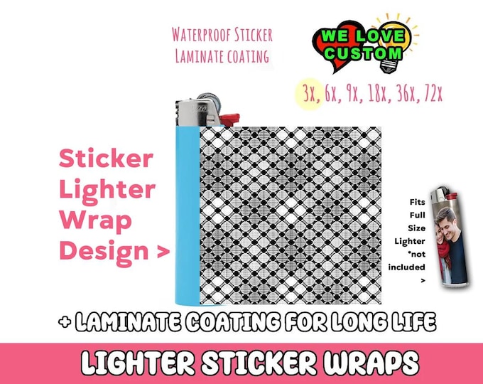 Checkered 3x Lighter Sticker Wraps, OR your photo, text, or images, quantity bundles available, with laminate coating. 3x, 6x, 9x, 18x, 36+