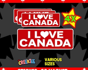 4X of our I Love Canada bumper sticker or car magnet in various sizes
