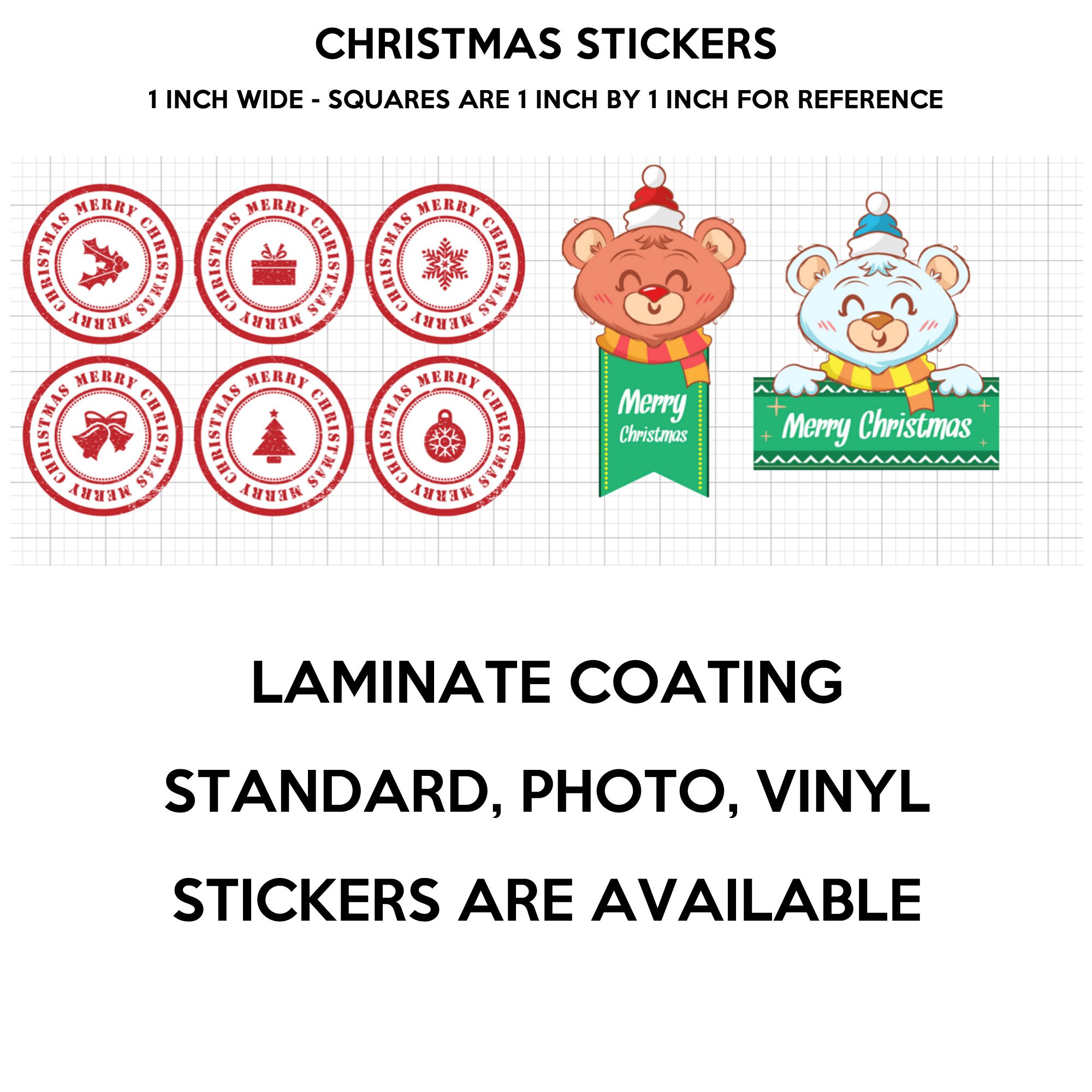 8 fun christmas stickers in standard, photo or vinyl print materials with laminate or magnet options available. Premium full color. 8 fun christmas stickers in standard, photo or vinyl print materials with laminate or magnet options available. Premium full color.