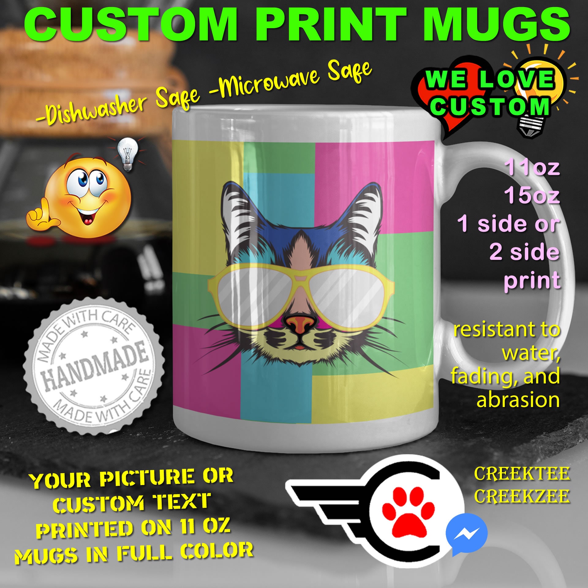 Cool Cat Mug or Your Logo or Custom Personalized Coffee Mugs, Your photo, image or text printed on a 11 or 15 oz White Mug